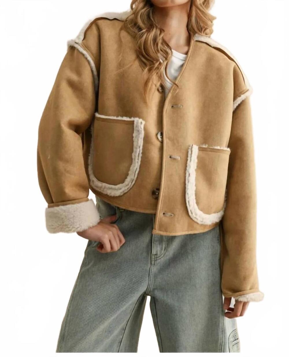 NEW MIOU MUSE women's sherpa & suede reversible jacket in camel